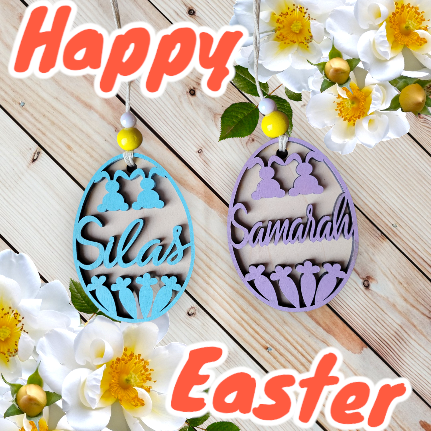 Custom Easter Basket Name Tag: Laser Cut Bunny & Carrots