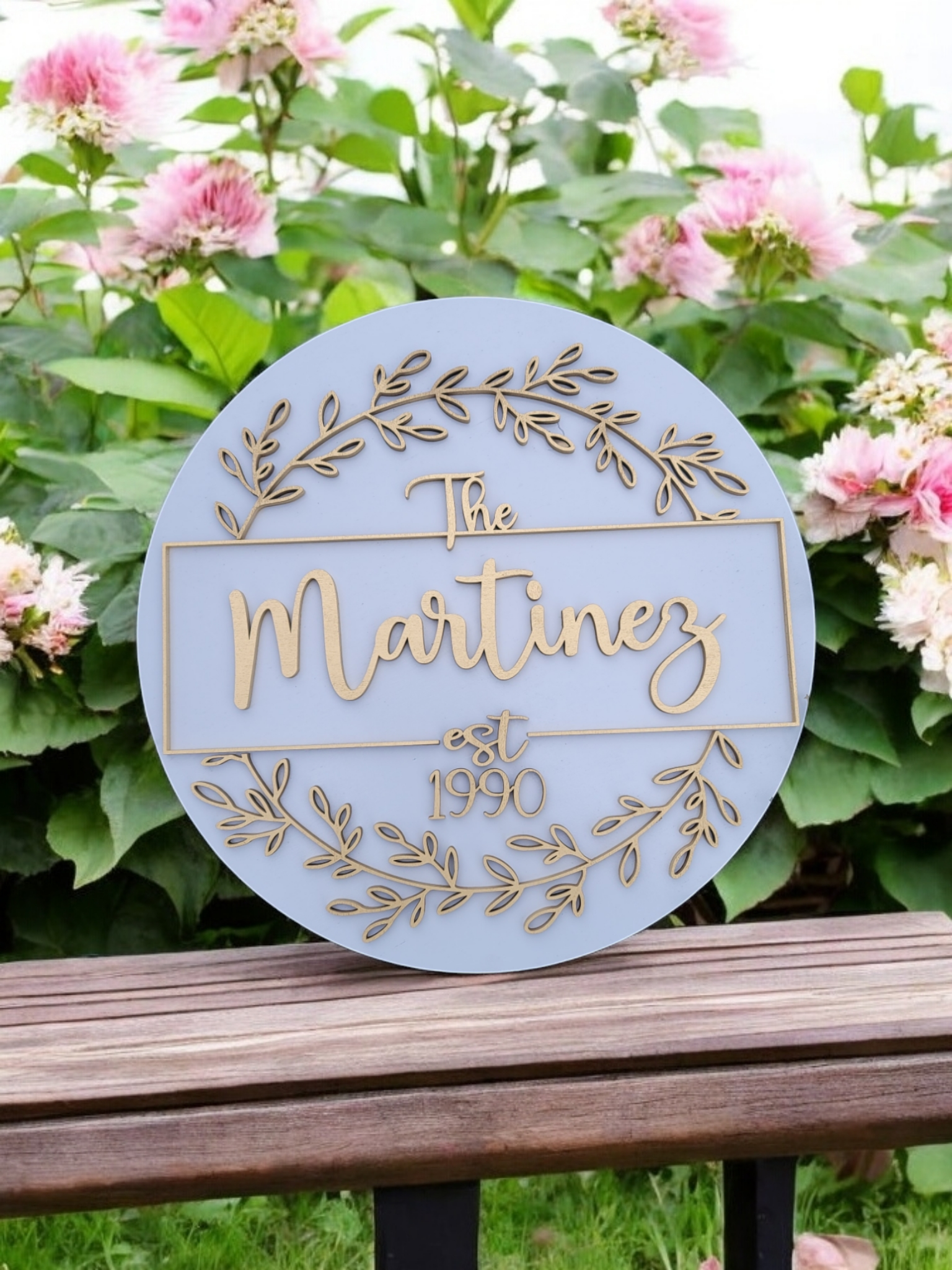 Custom Round Family Name Sign, Wood Wedding Gift - Image 2
