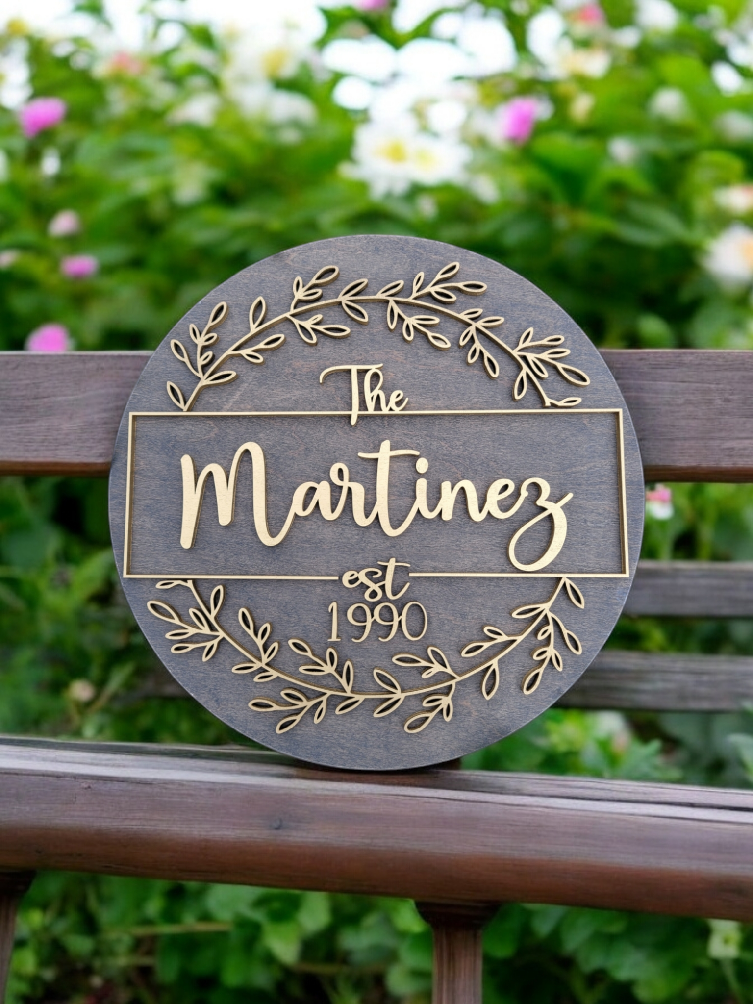 Custom Round Family Name Sign, Wood Wedding Gift - Image 3